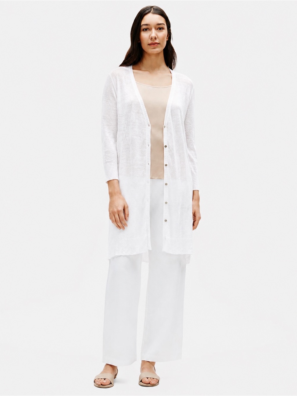 Eileen Fisher 100% Linen Knit Long Cardigan Sweater White Size XL *k